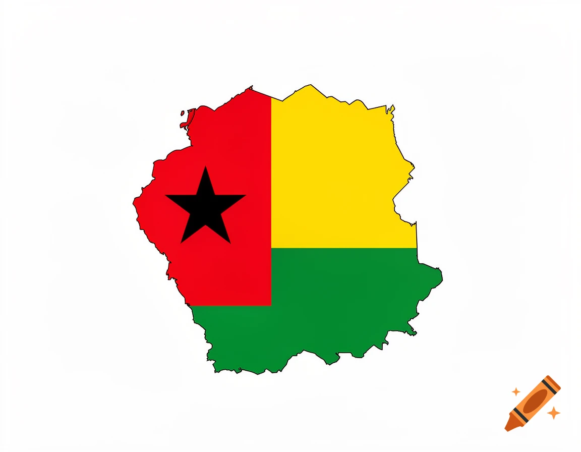 A stylized map outline of a country, filled with the flag of Guinea-Bissau: a vertical red stripe with a black star on the left, and horizontal yellow and green stripes on the right.