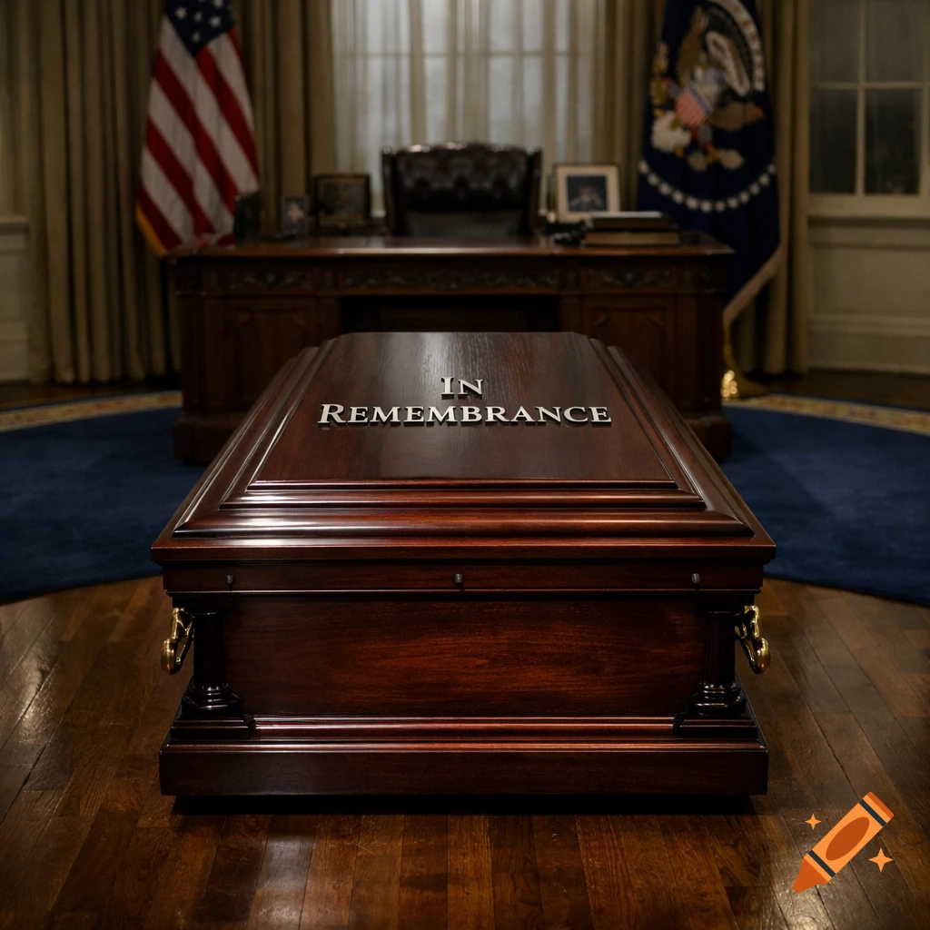 A dark wooden coffin with 'IN REMEMBRANCE' inscribed on top, set in the Oval Office with American and Presidential flags.