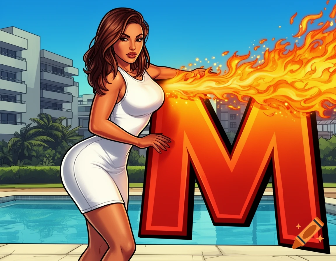 A stylized cartoon woman in a white dress blowing fire at a giant letter M by a pool with apartment buildings.
