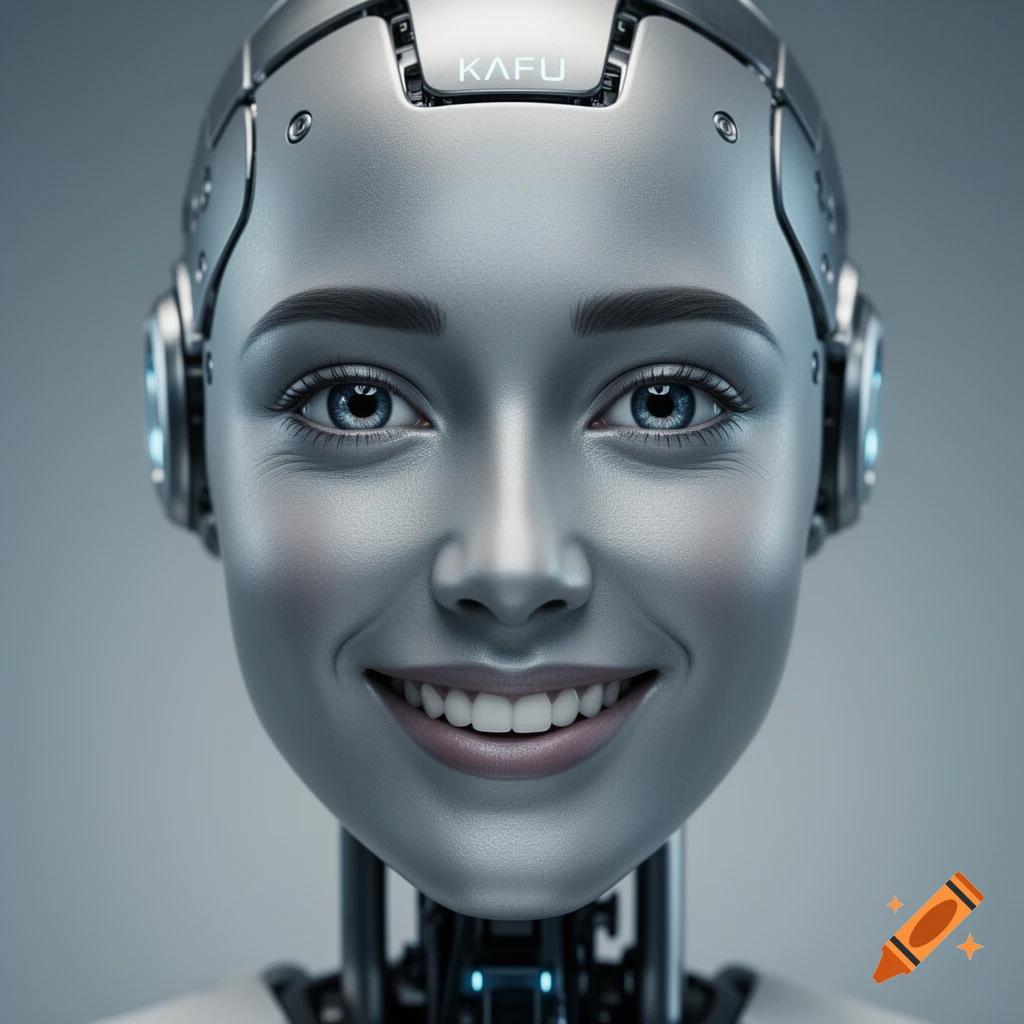 Close-up of a photorealistic smiling female robot with metallic features and bright blue eyes.