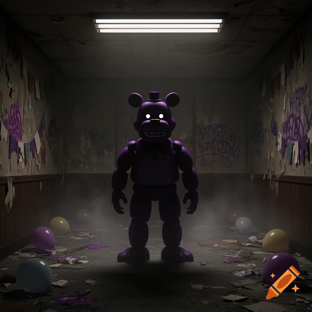 A menacing purple animatronic bear with glowing white eyes stands in a dark, dilapidated hallway littered with balloons and debris. Graffiti covers the walls.