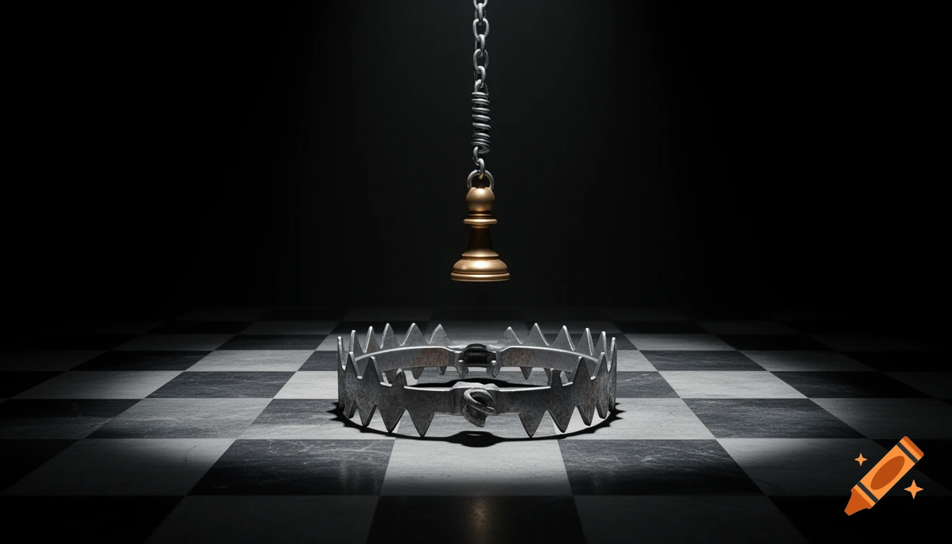 A golden chess pawn hangs by a chain above an open bear trap on a dark, checkered chessboard with dramatic lighting.