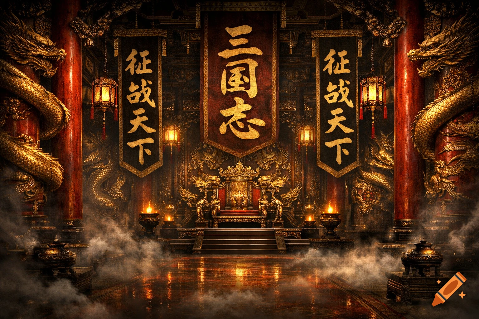 A grand, ornate Chinese palace hall with red pillars, golden dragons, a central throne, and banners with Chinese characters, shrouded in dramatic fog.