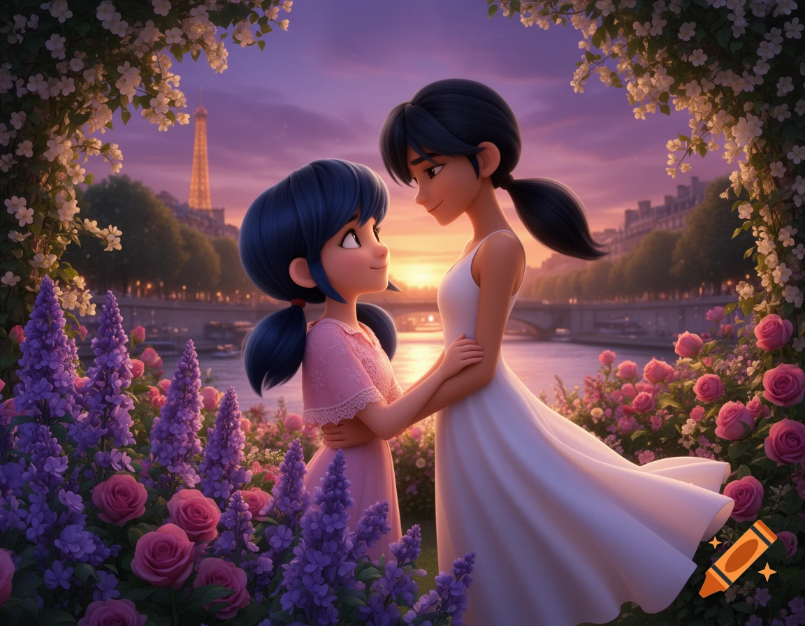 Two animated girls with dark pigtails hold hands in a flower field, gazing lovingly as the sun sets over Paris with the Eiffel Tower in the background.