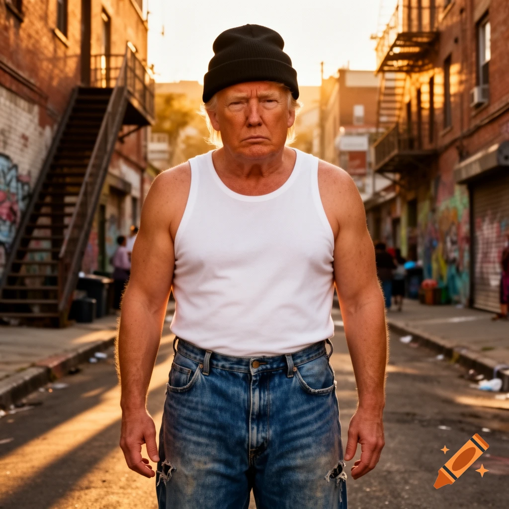 Donald Trump in a black beanie, white tank top, and ripped jeans stands in an urban alleyway at sunset.