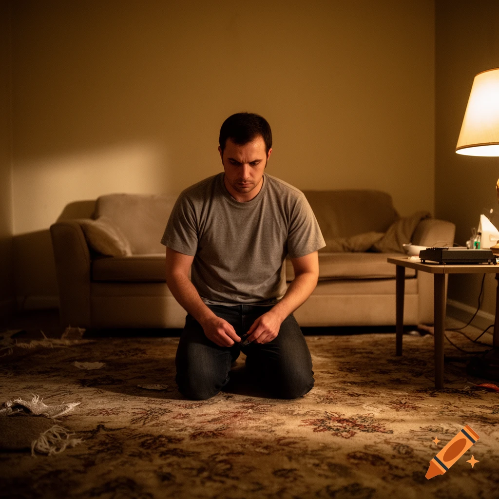 A man kneels on a patterned rug in a dimly lit living room, looking down with a somber expression.