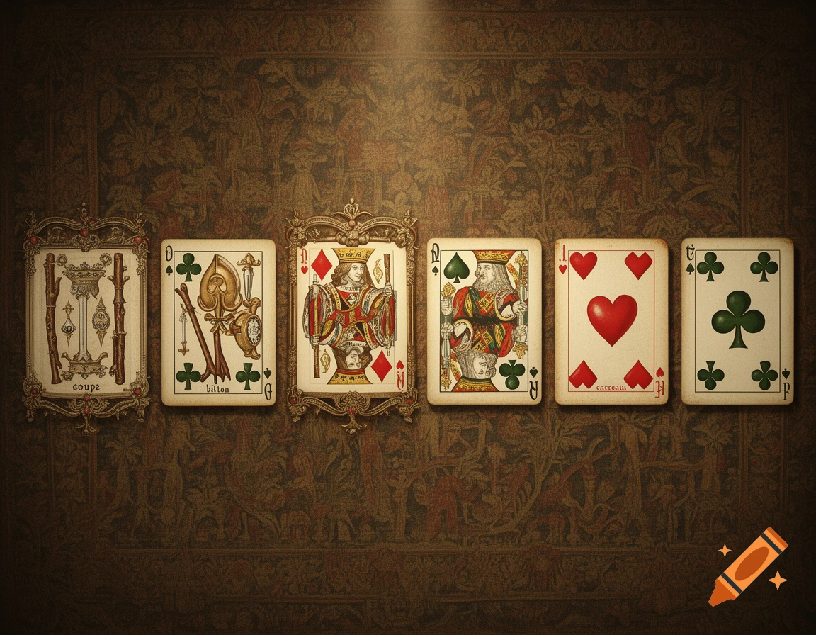 Vintage playing cards in a row on a patterned dark gold background, showing evolution of suits, with cups, batons, diamonds, hearts, and clubs.