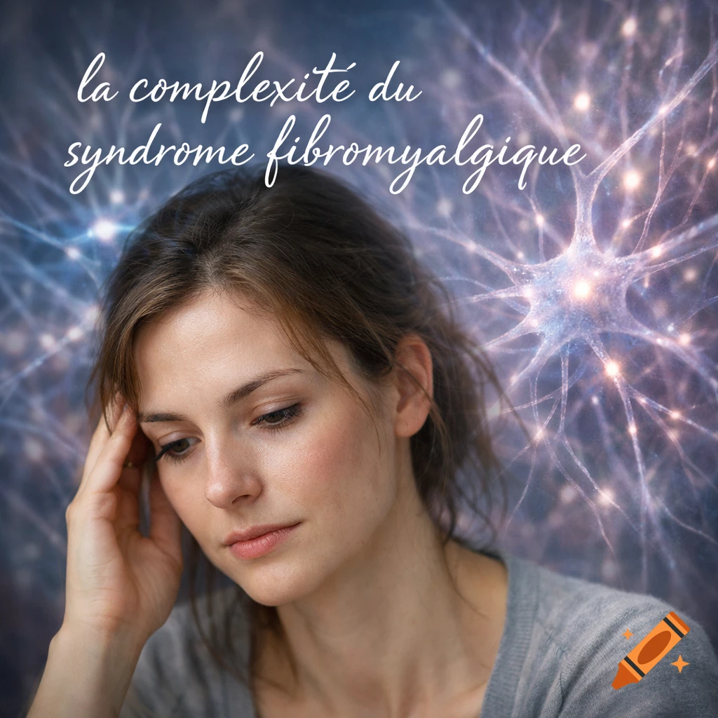A pensive woman with her hand on her head, against a glowing neural network background. Text: 'la complexité du syndrome fibromyalgique'.