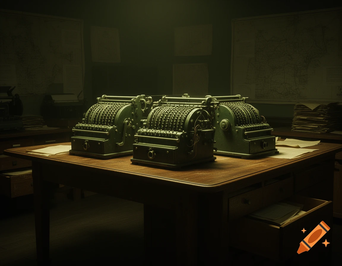 Three vintage calculating machines on a dark wooden table in a dimly lit, WWII-style room, dramatically lit by green light.