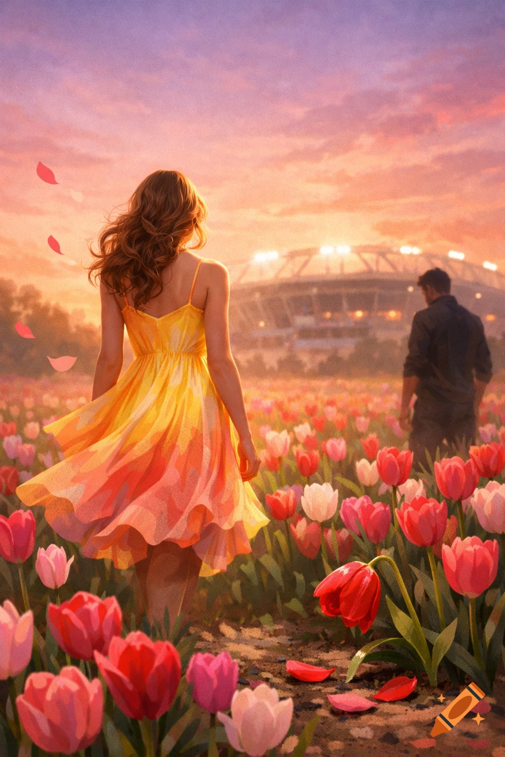A woman in a flowing yellow-orange dress walks through a field of pink and red tulips at sunset, a stadium and a shadowy man in the background. Illustrative.