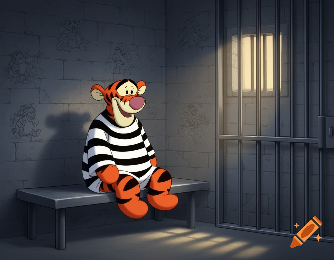 Traditional Disney animation of Tigger wearing a striped prison shirt, sitting on a metal bench in a prison cell.