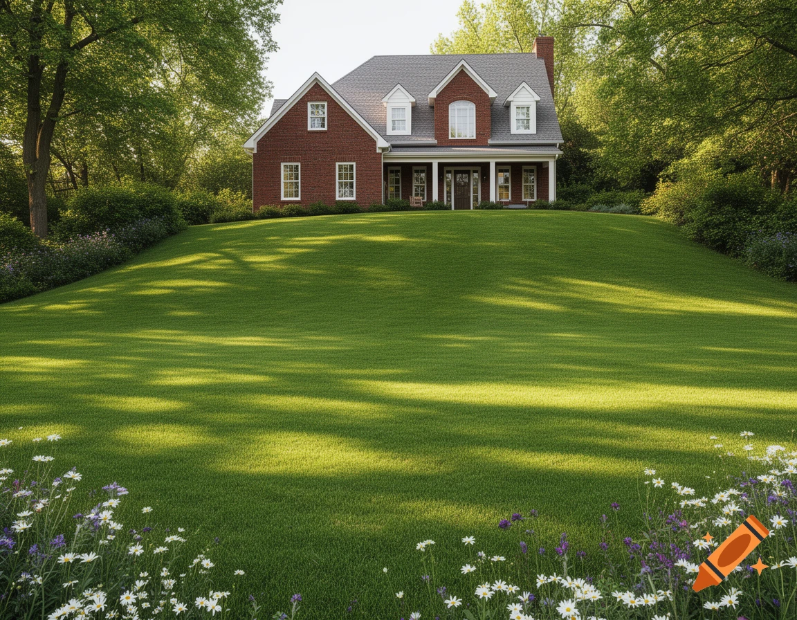 A red brick house with white trim sits atop a large, sloping green lawn with sun shadows and surrounding trees. White and purple flowers bloom in the foreground.
