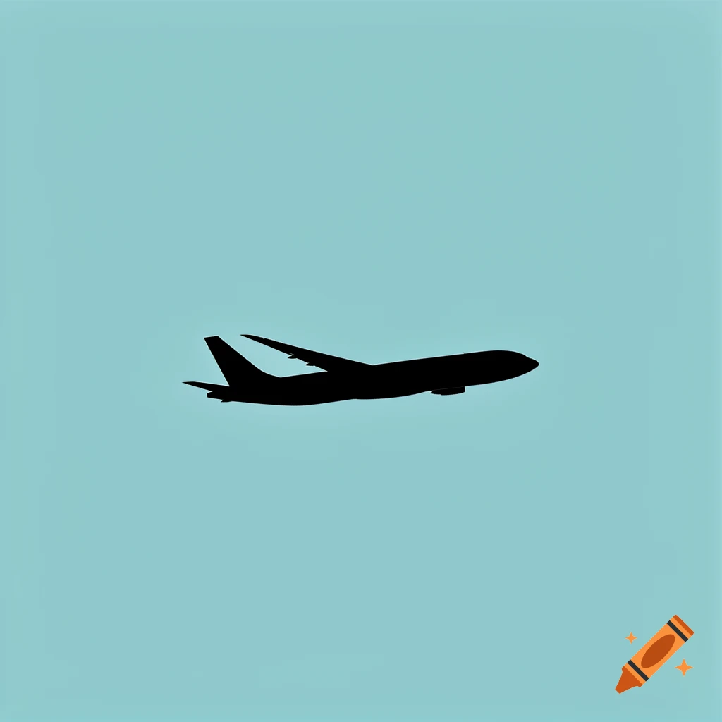 A black airplane silhouette against a plain light blue background.