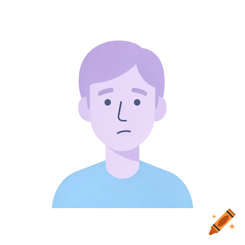 Icon of a person with purple hair and a sad expression, in a flat, clean-lined style.