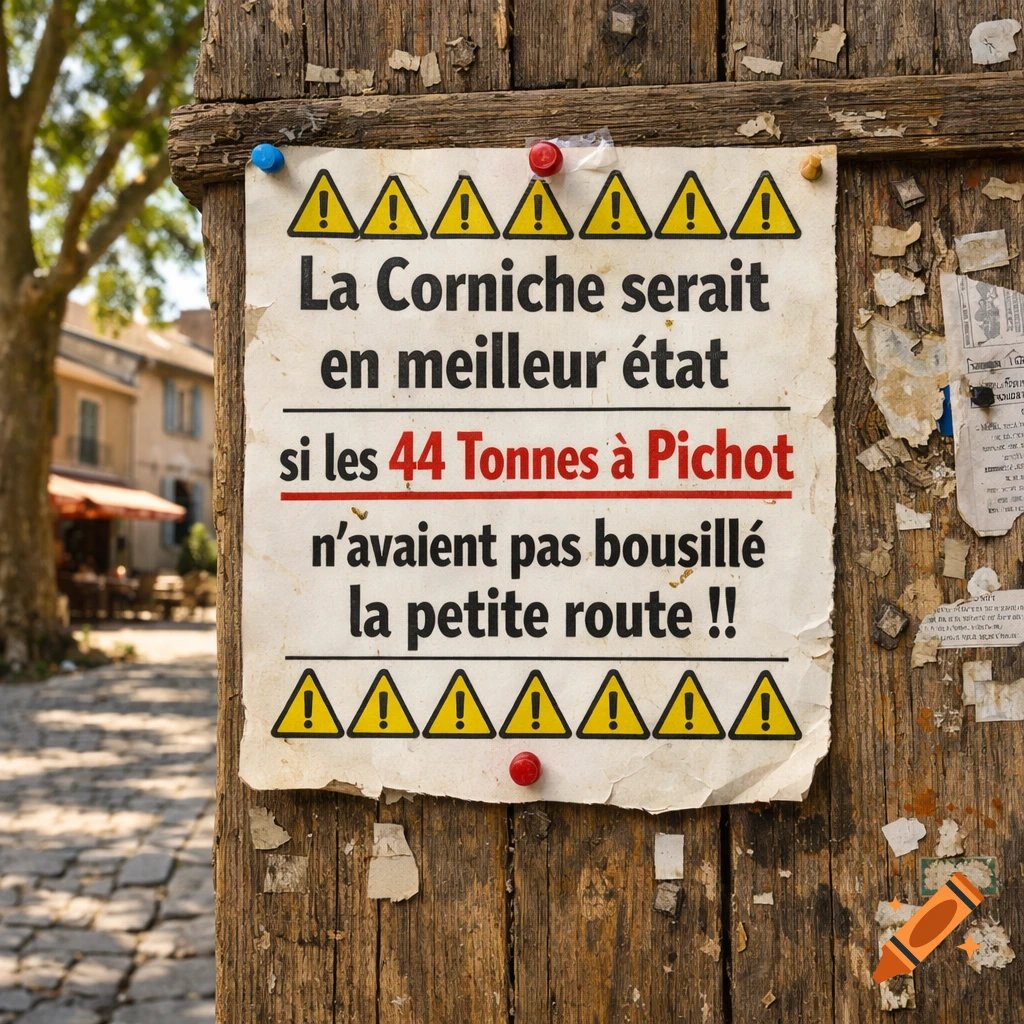 A crumpled paper sign in French is tacked to a weathered wooden post with thumbtacks, with a blurred street and trees in the background.