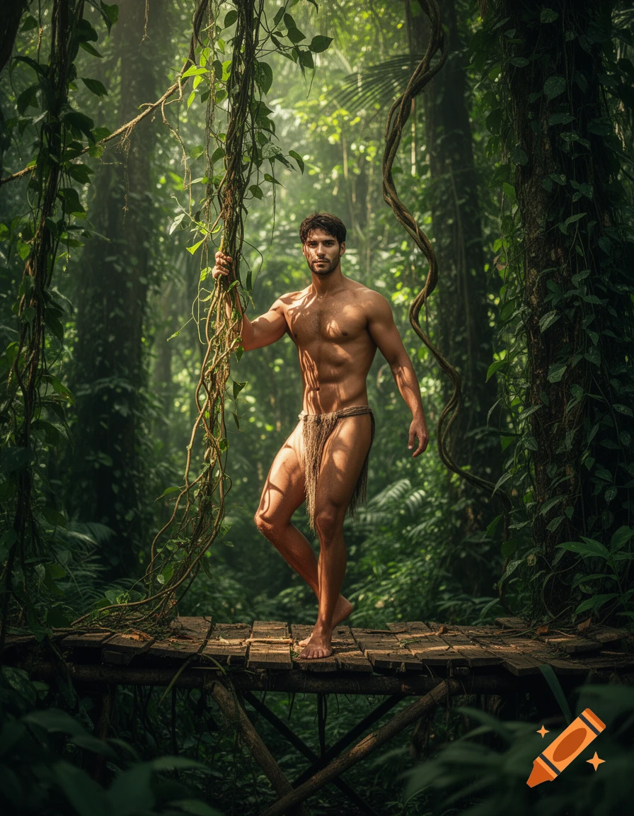 An athletic man in a loincloth holds a vine on a wooden platform in a sun-dappled, lush jungle, photorealistic style.