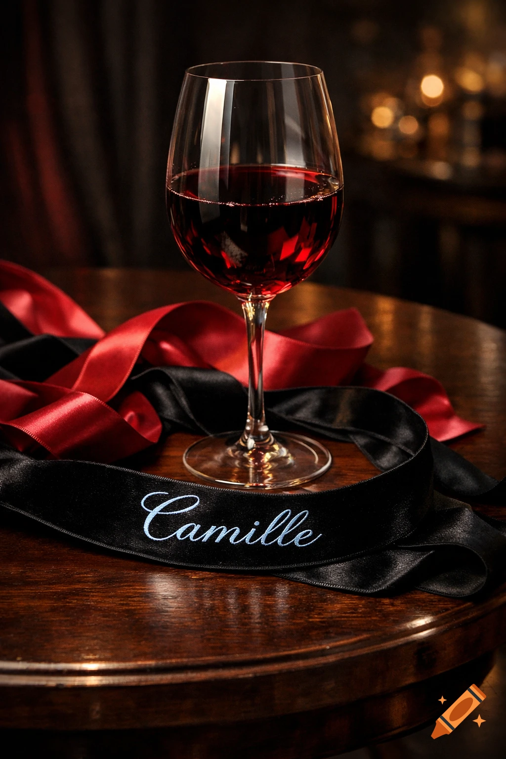 A glass of red wine on a wooden table, surrounded by red and black satin ribbons, with the name 'Camille' embroidered on the black ribbon.