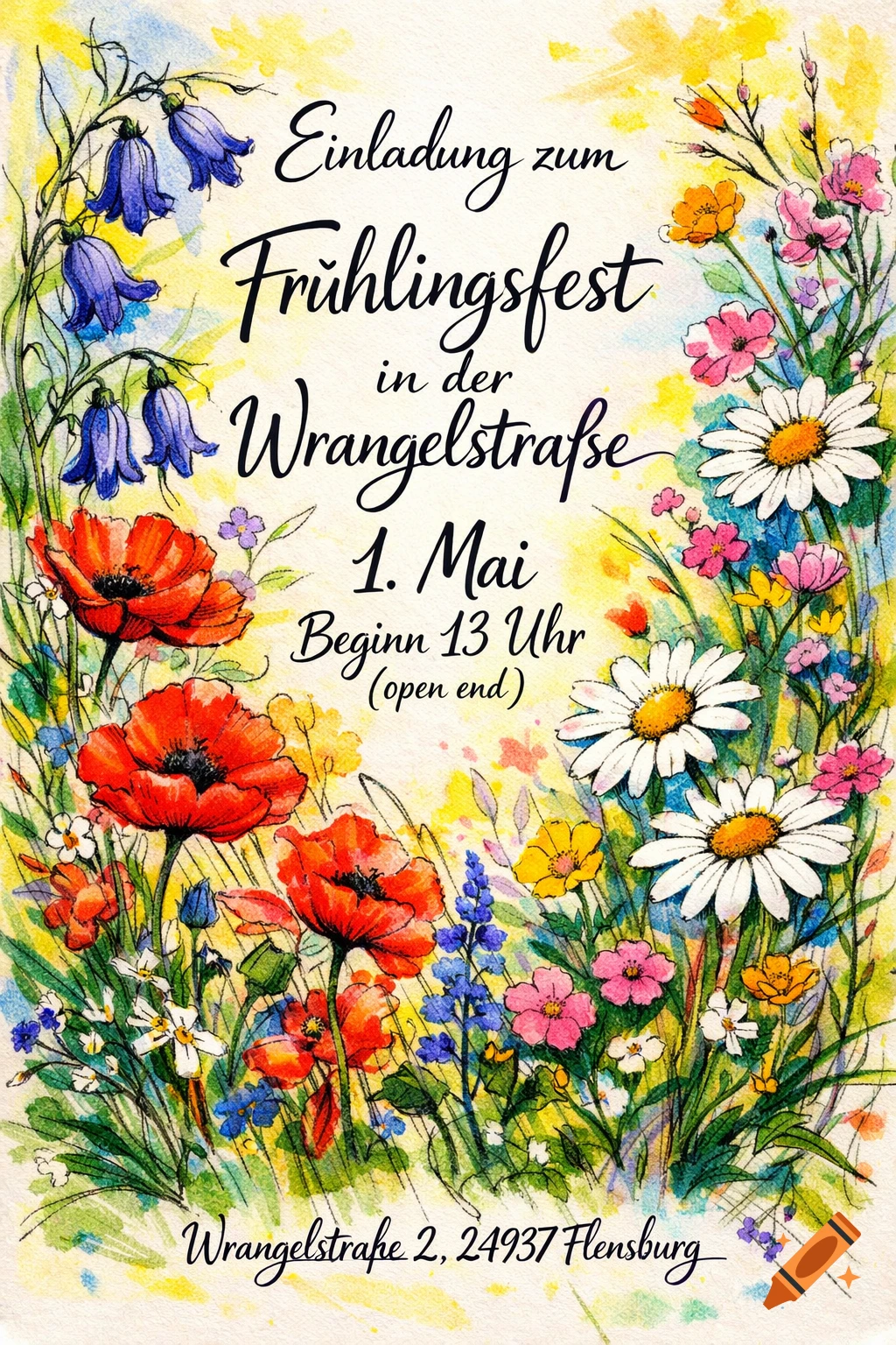 A vibrant watercolor spring invitation flyer adorned with various wildflowers, featuring German text about a spring festival.