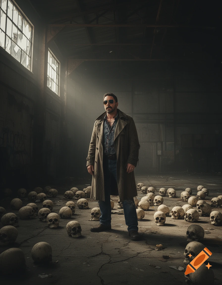 A man in a trench coat and sunglasses stands in a dark, abandoned warehouse amidst scattered skulls.
