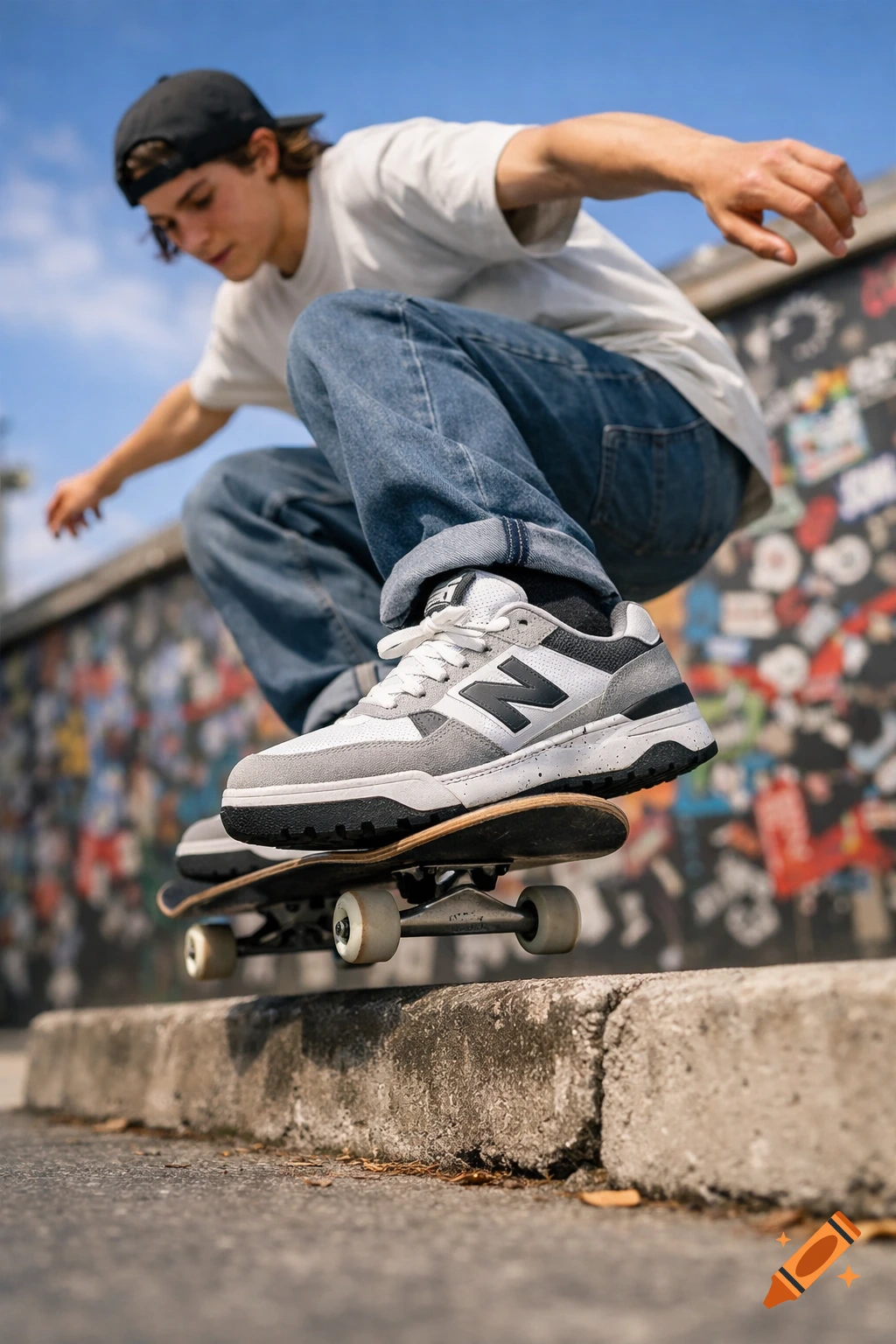 Photorealistic image of a gender-neutral skater mid-ollie over a concrete curb, wearing New Balance shoes and a backward cap.