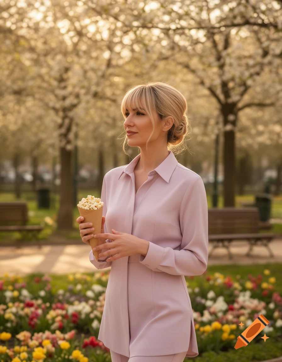 A blonde woman in a light purple outfit holds popcorn in a park with blooming trees and colorful flowers during spring.