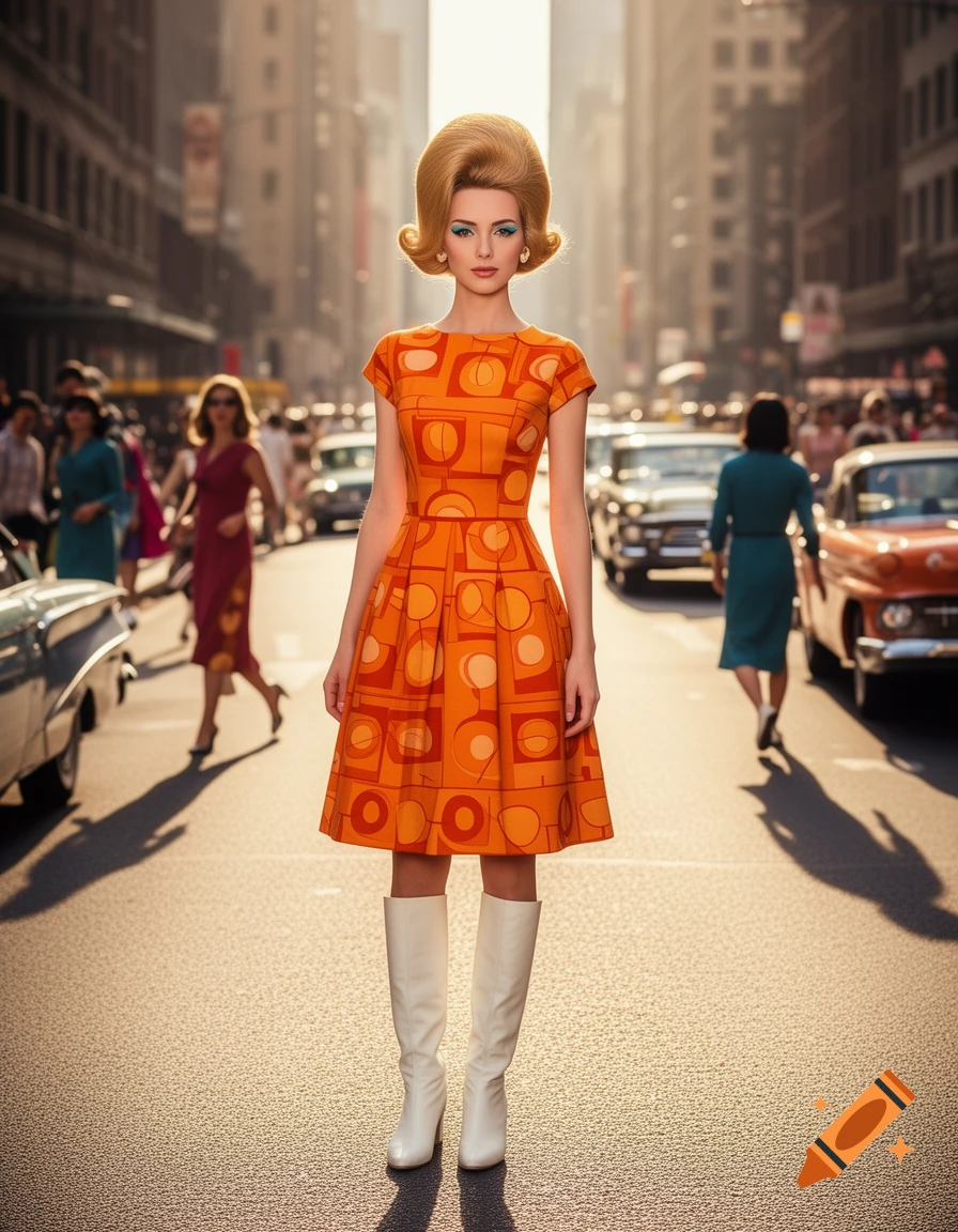 A photorealistic image of a woman in a retro 1960s orange dress and white boots standing on a sunlit city street.