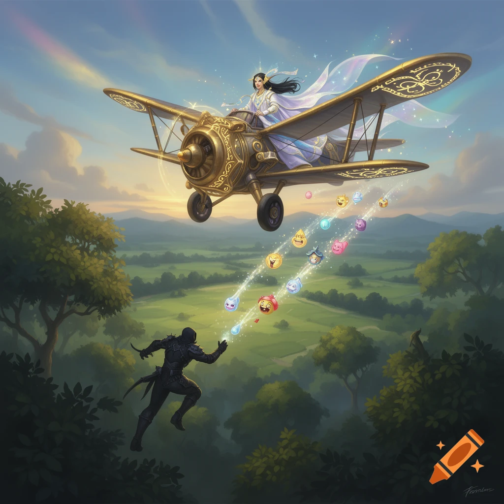 A woman in a golden biplane flies over a lush green valley, dropping colorful emojis towards a running cloaked figure, in a fantasy digital painting.