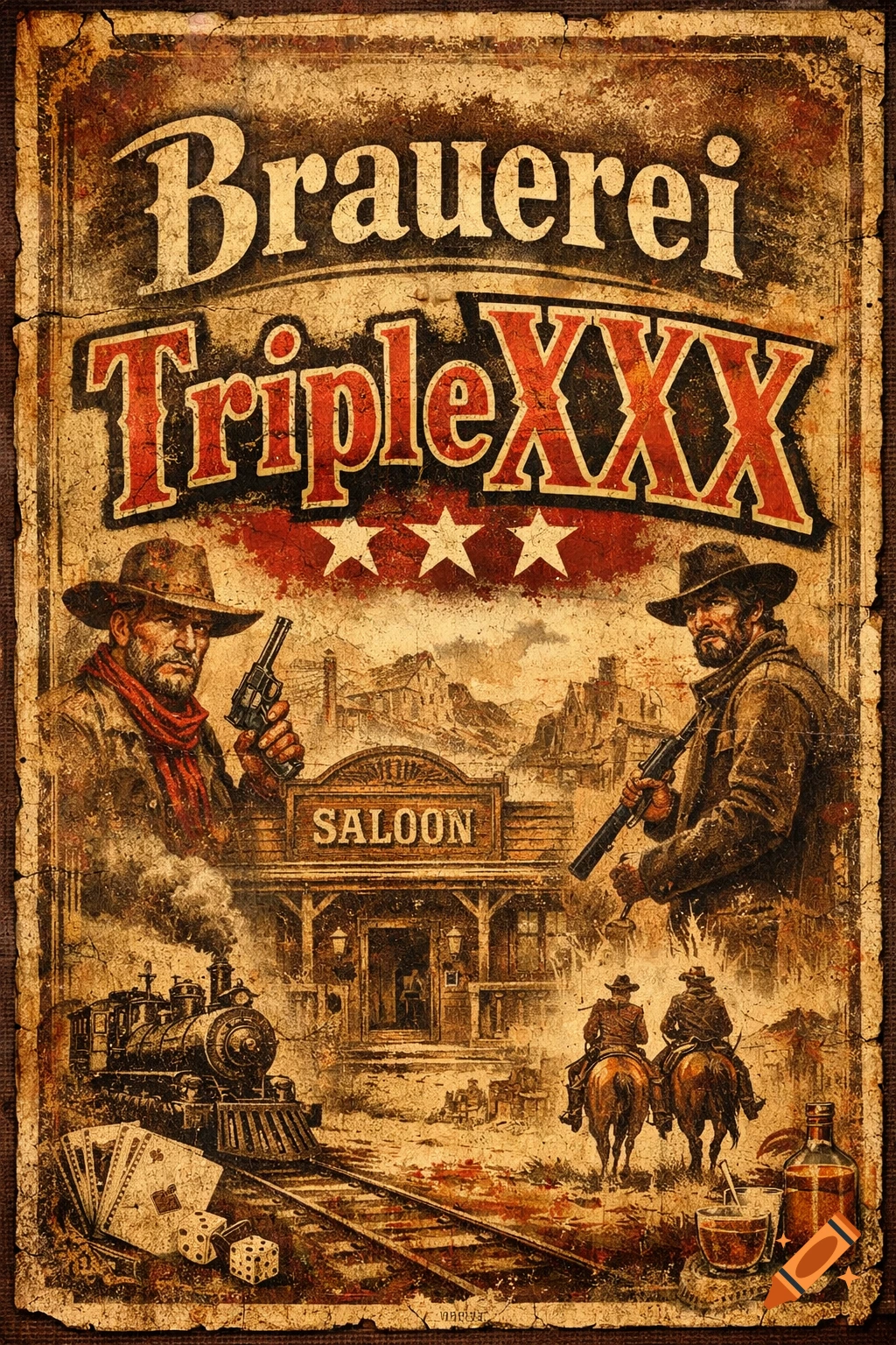 Vintage Wild West poster for 'Brauerei TripleXXX' with two cowboys, a saloon, a train, and playing cards.
