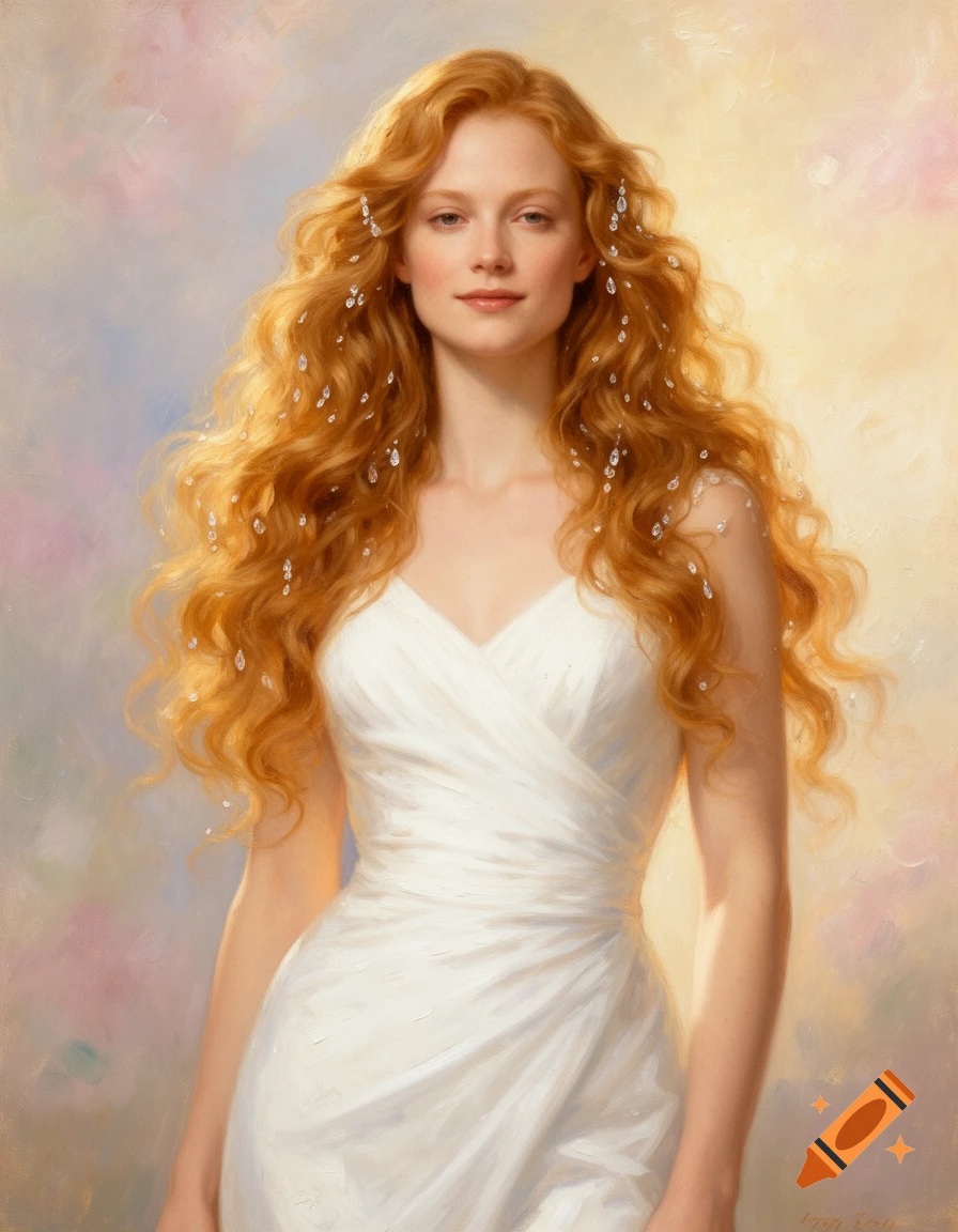 An oil painting portrait of a woman with long, wavy strawberry blonde hair adorned with diamonds, wearing a white sleeveless dress.