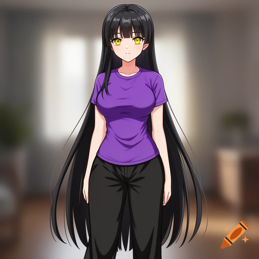 Anime girl with long black hair and yellow eyes, wearing a purple t-shirt and black pants, standing.