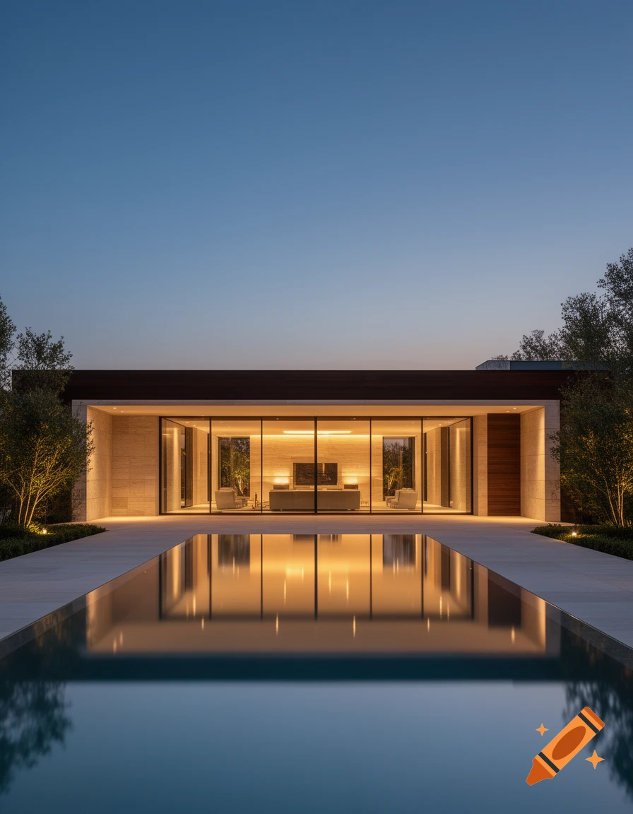 A modern luxury house at dusk, with warm interior lights reflecting on a still outdoor pool under a clear blue sky.