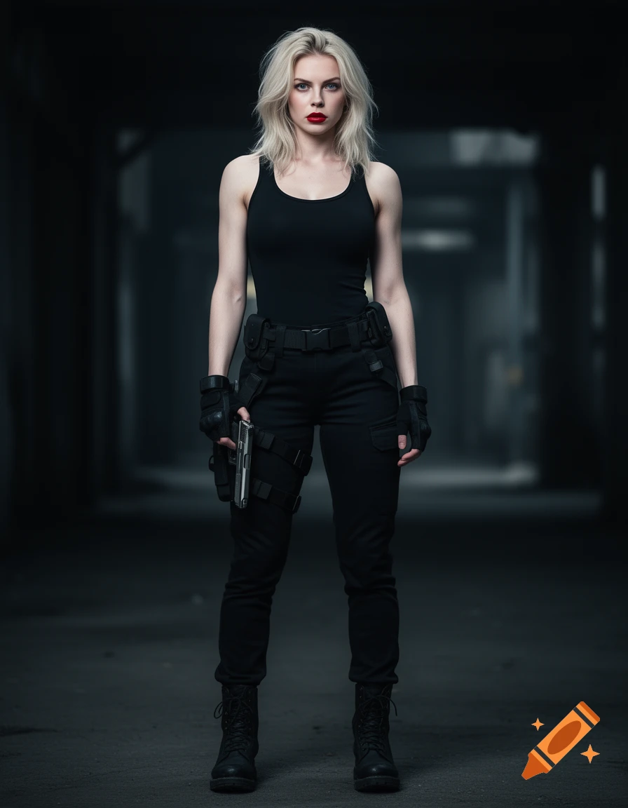 Photorealistic image of a woman in black tactical gear holding a handgun, standing in a dim urban setting.