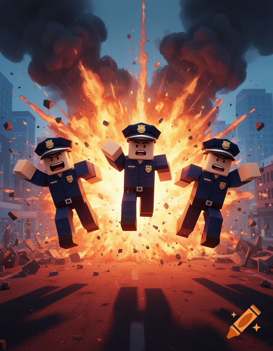 Three Roblox-style police officers leap away from a large explosion in a crumbling city street.