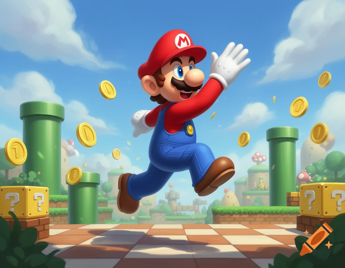 Mario runs across a checkered platform, surrounded by green pipes, question blocks, and floating gold coins under a blue sky.