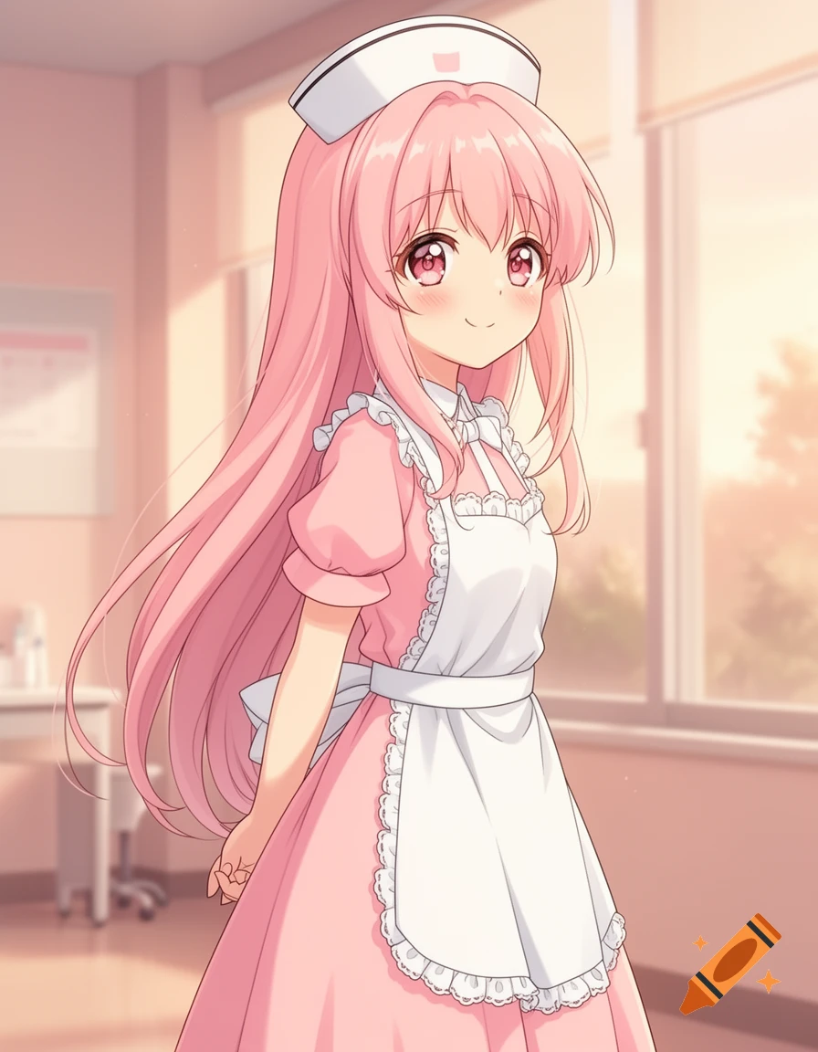 An anime girl with long pink hair, wearing a pink nurse dress and white apron, smiling shyly in a room with a window.