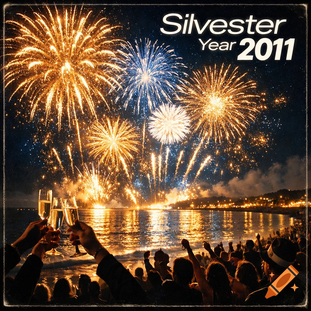 A crowd on a beach celebrates New Year's Eve with champagne and a vibrant fireworks display over the ocean. Text 'Silvester Year 2011'.