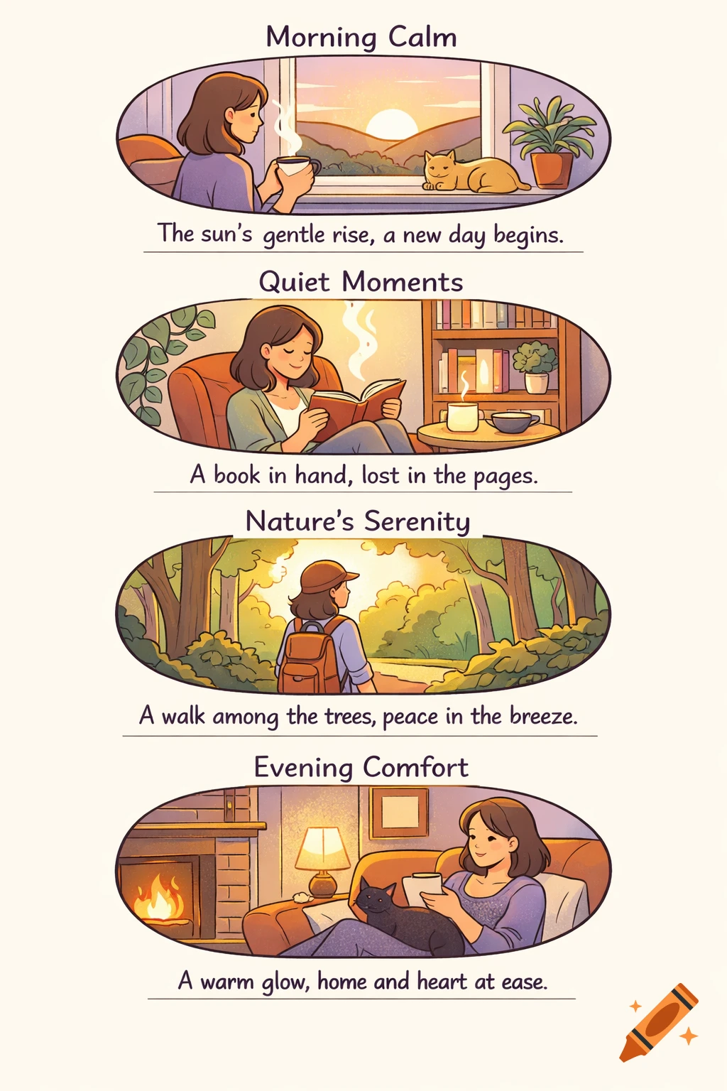 Four oval illustrations show calming daily moments: a woman with coffee and a cat at sunrise, reading with a plant, hiking in nature, and relaxing by a fireplace with a black cat.