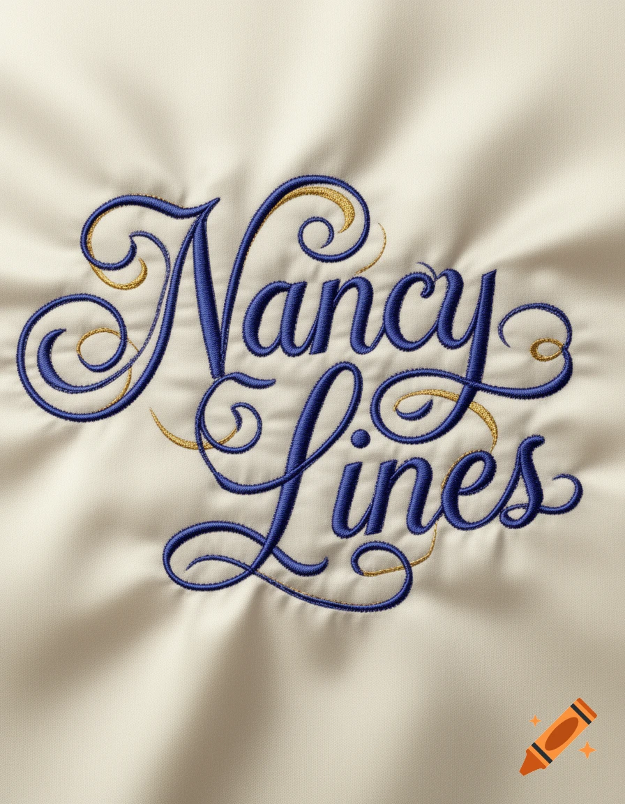 Blue and gold embroidered text 'Nancy Lines' on a cream-colored fabric.