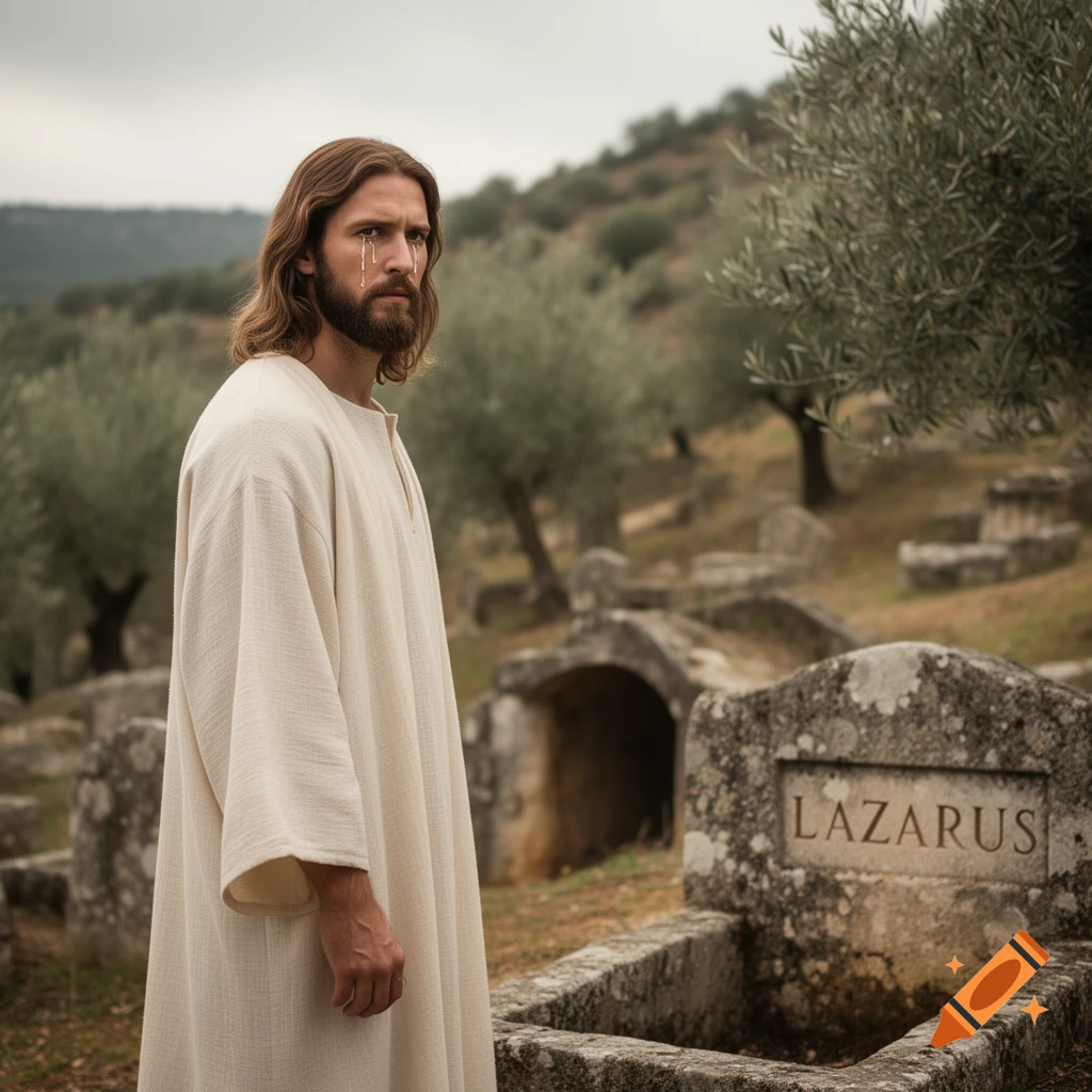 Photorealistic depiction of Jesus weeping at Lazarus's tomb in an ancient setting with olive trees.