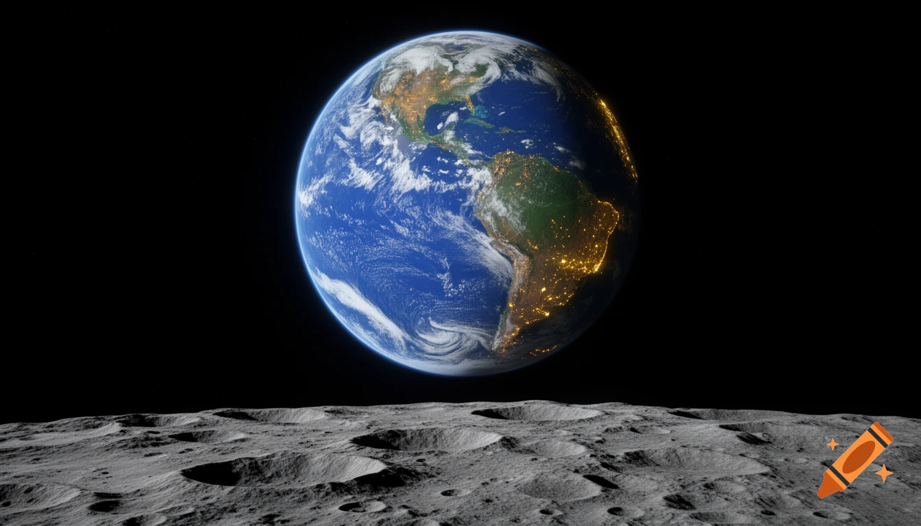 Hyper-realistic view of Earth from the moon's surface, showing blue oceans, white clouds, green continents, and golden city lights.