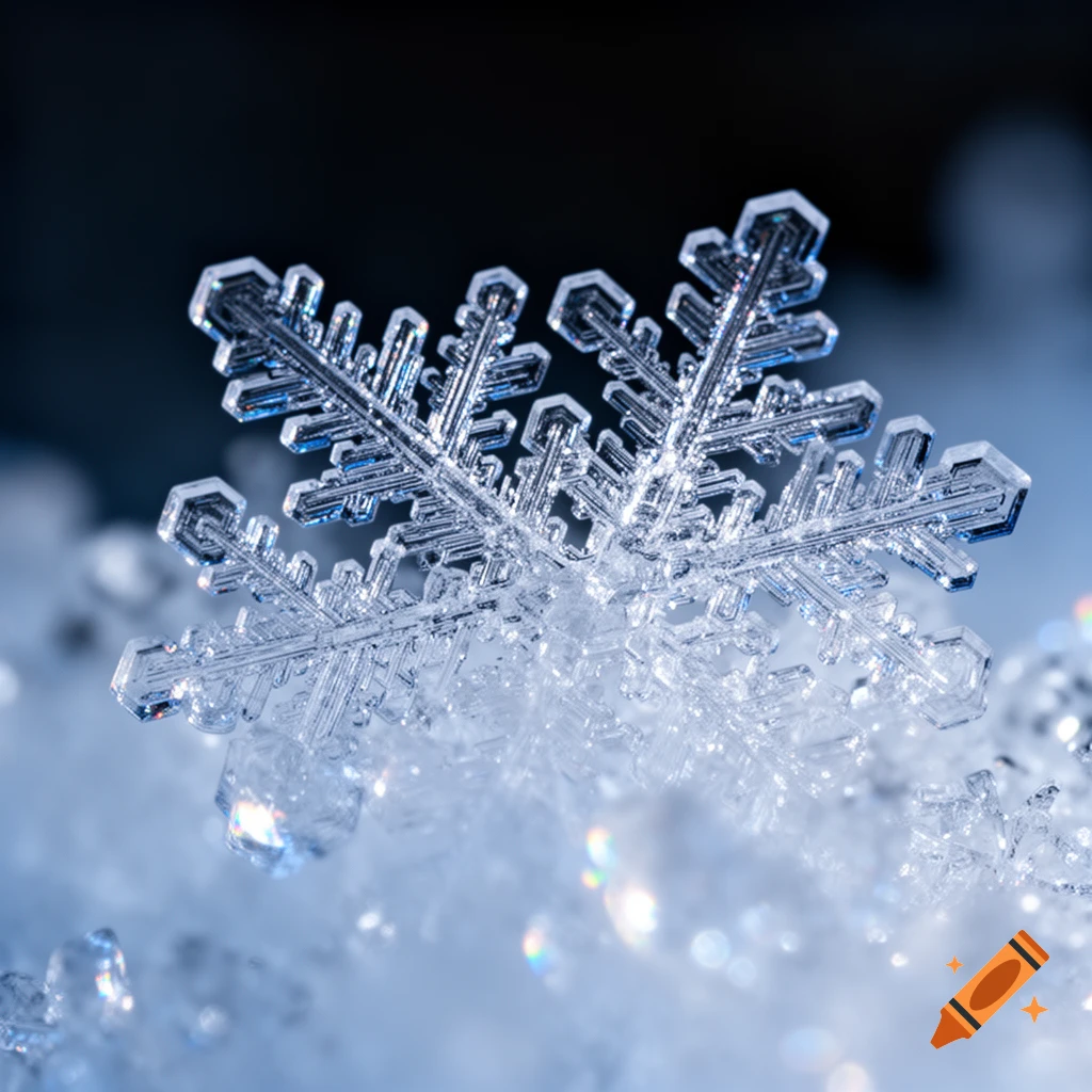 Detailed macro shot of a sparkling snowflake resting on a bed of ice, with a dark, blurred background.