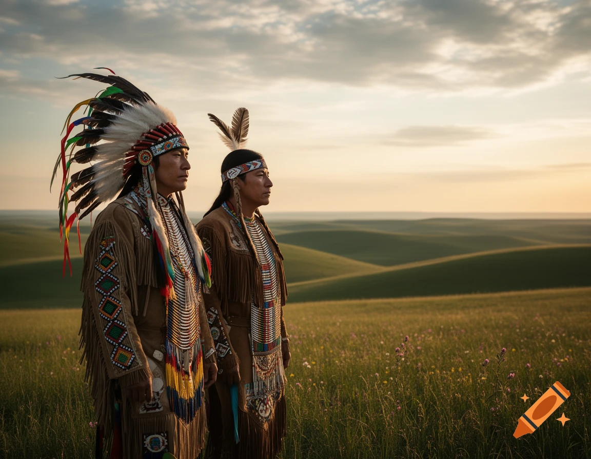 Two Indigenous men in traditional feathered headdresses and attire stand in a grassy field with rolling hills at sunset.