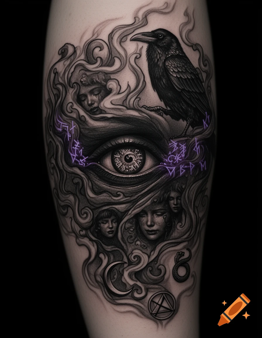 An intricate blackwork tattoo of an all-seeing eye with sigils, surrounded by smoke, faces, a raven, and occult symbols with purple highlights.