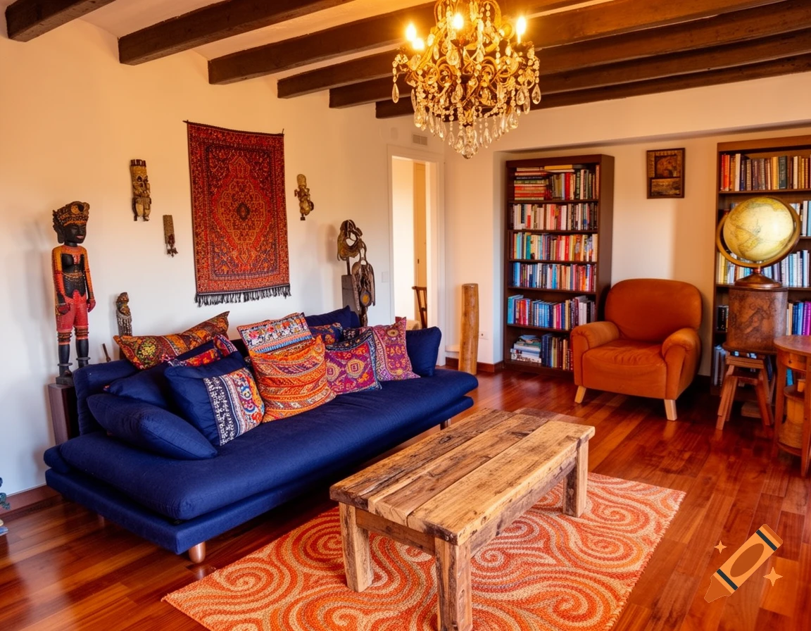A bohemian living room with a navy sofa, colorful pillows, a wooden table, an orange rug, bookshelves, and a chandelier.