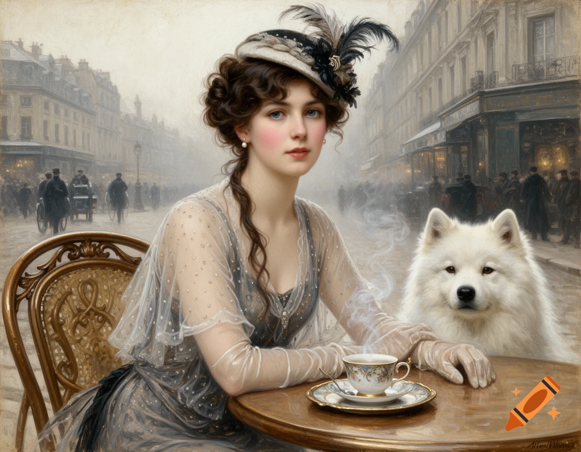 An impressionist painting of a woman in a feathered hat and sheer blouse, with a Samoyed dog, at an outdoor cafe table in a misty 1800s city street.