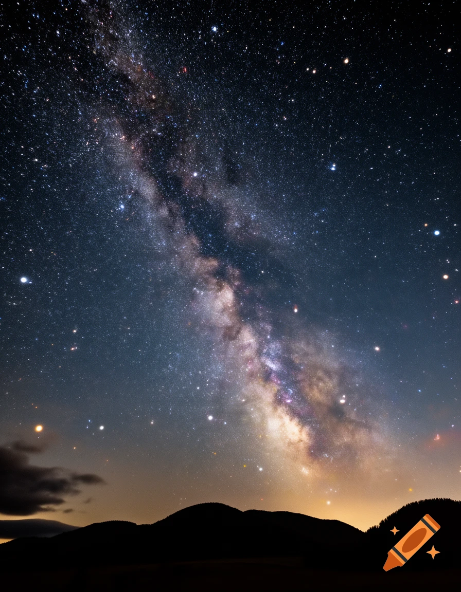 A vibrant night sky filled with countless stars and the Milky Way stretching over dark mountain silhouettes and a glowing horizon.