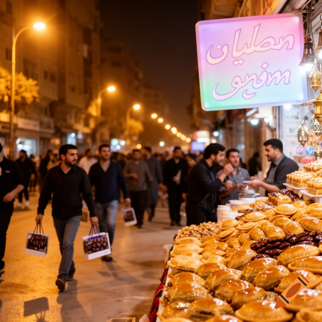 A night street market scene with men browsing sweets and pastries on a stall, a glowing sign overhead, and crowds walking in the background.