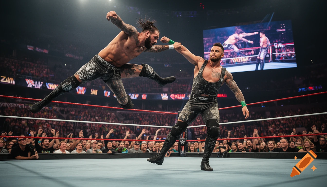 Two male wrestlers in a ring, one mid-air performing a flying attack on the other, surrounded by a large cheering crowd in an arena.
