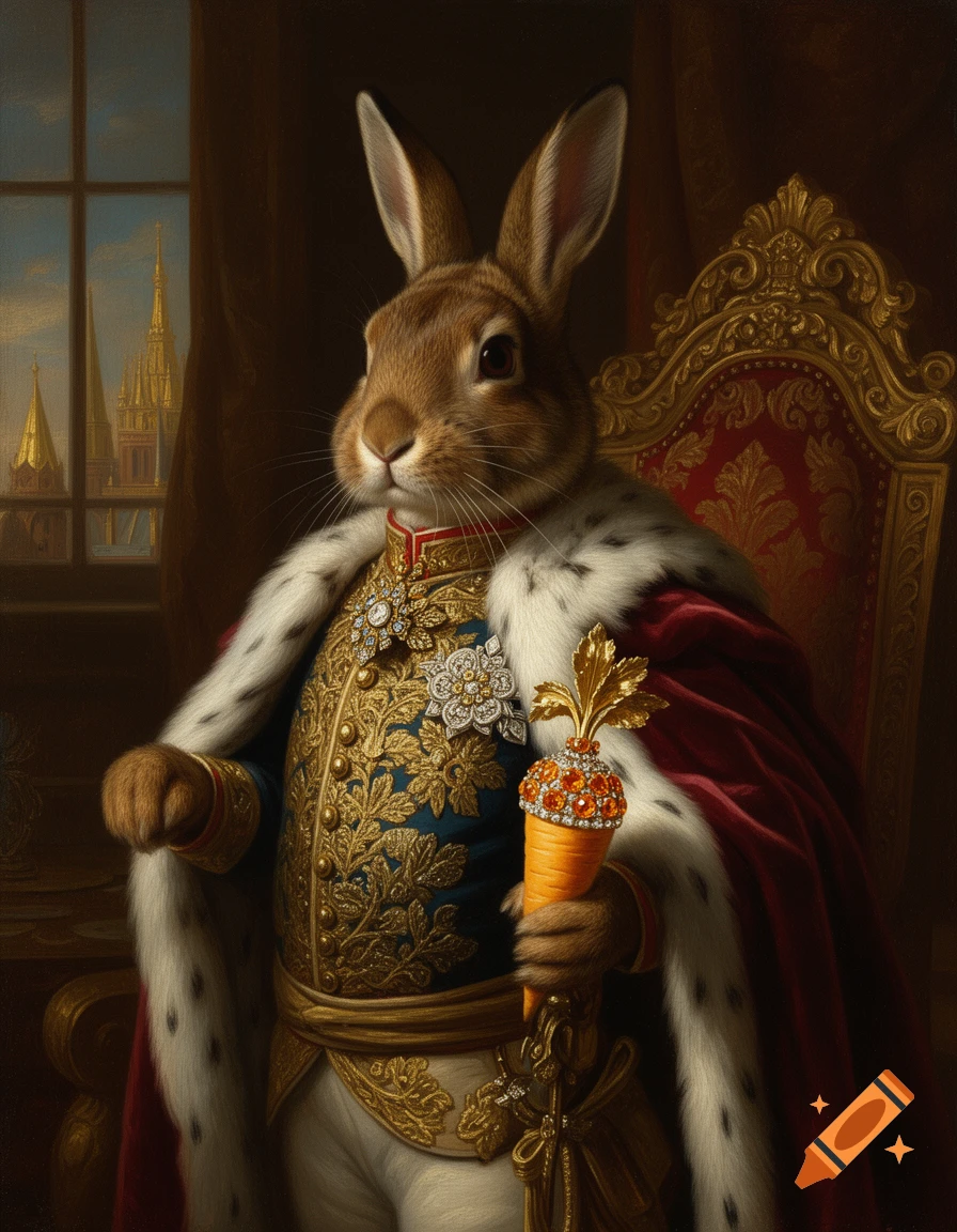 A regal anthropomorphic brown rabbit, dressed in an 18th-century ...