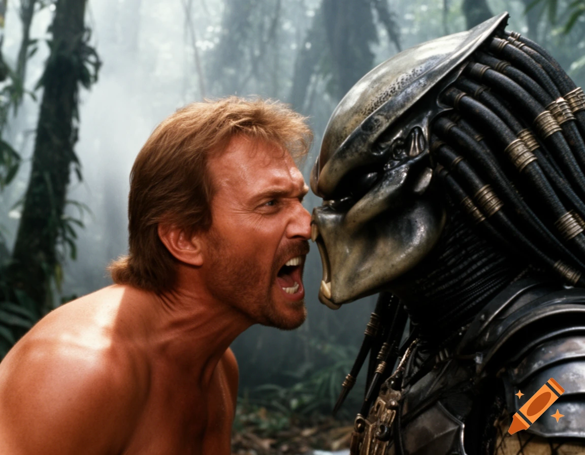 A shirtless man with a beard screams face-to-face at a metal-masked Predator in a misty jungle.